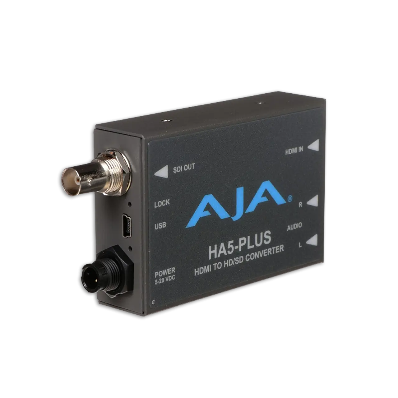 AJA HA5-plus HDMI to 3G-SDI mini-converter angled